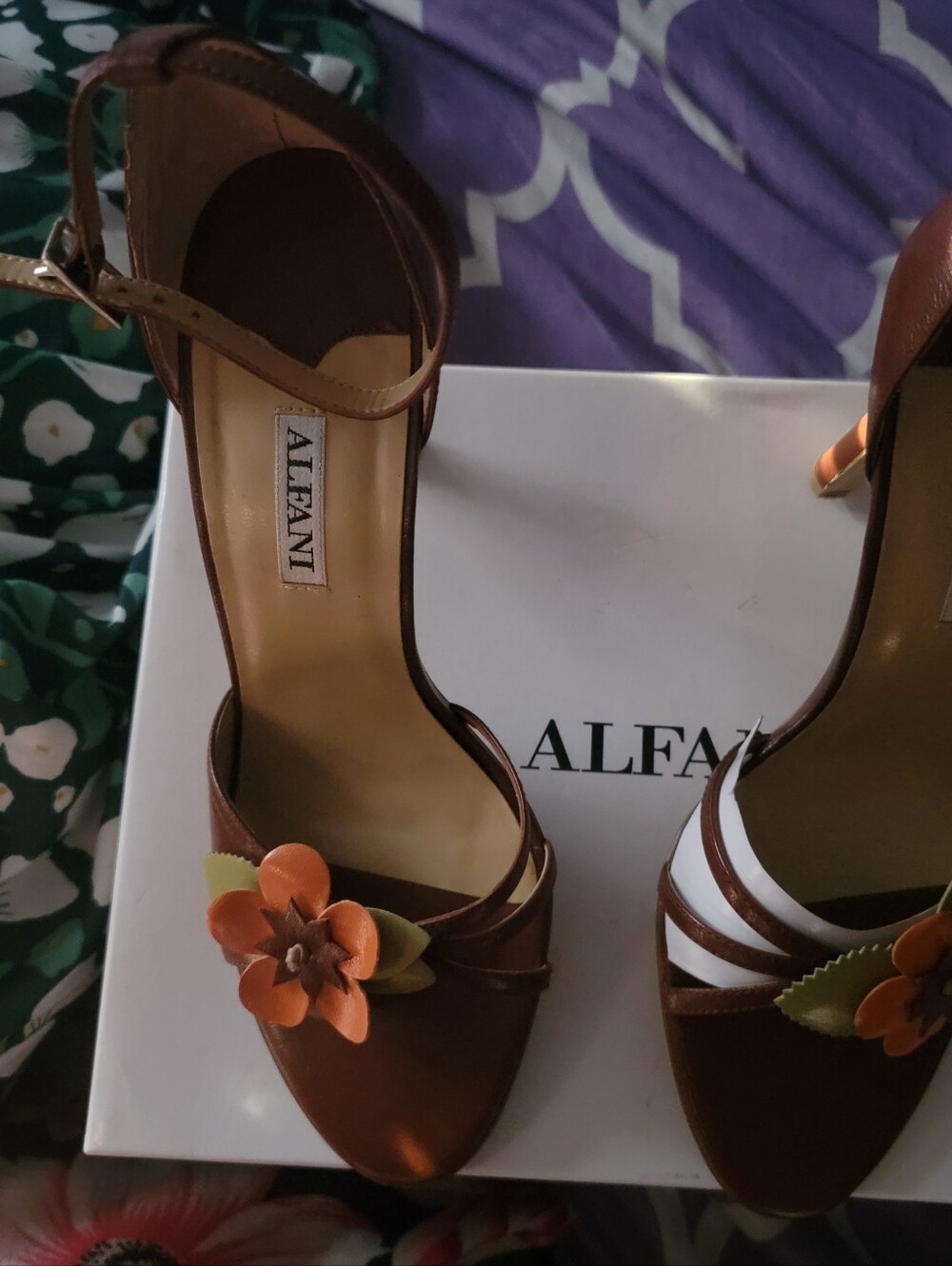 Alfani Brown Open-Toe Ankle-Strap Heels with Orange Floral Accent